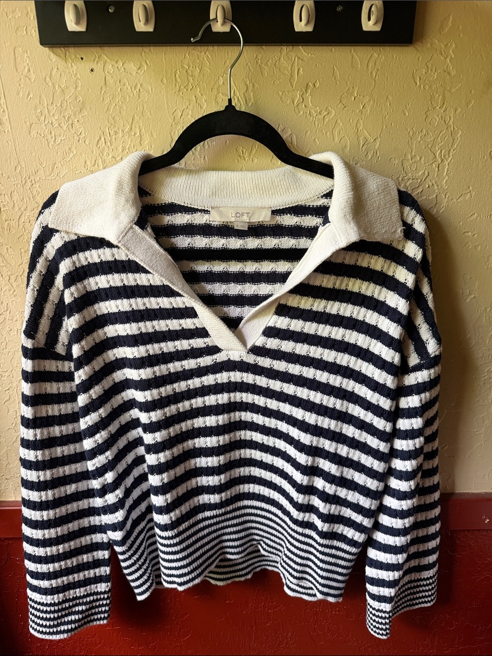 LOFT Navy and White Striped V-Neck Collared Sweater